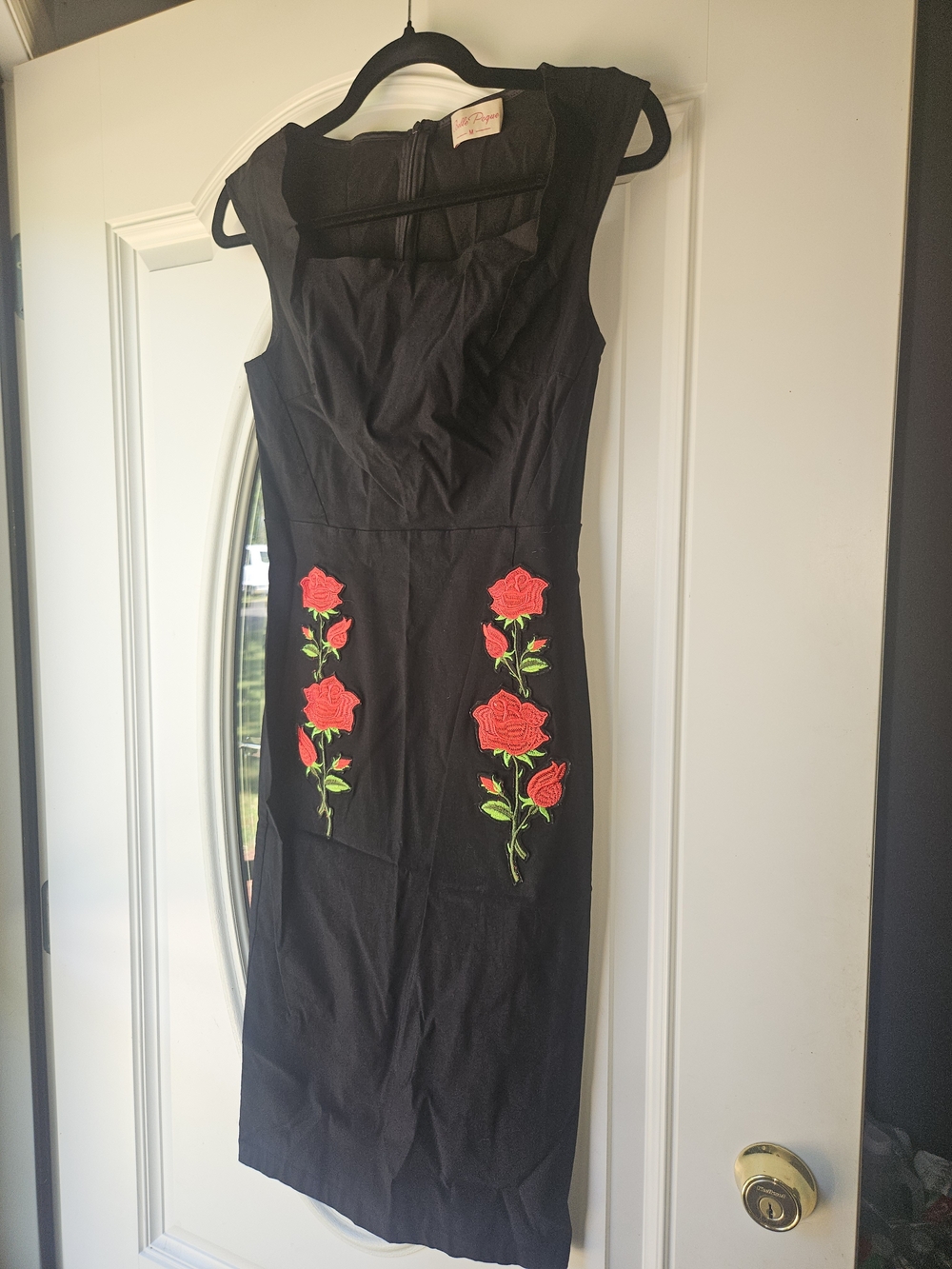 Black Midi Dress with Red Rose Embroidered Panels